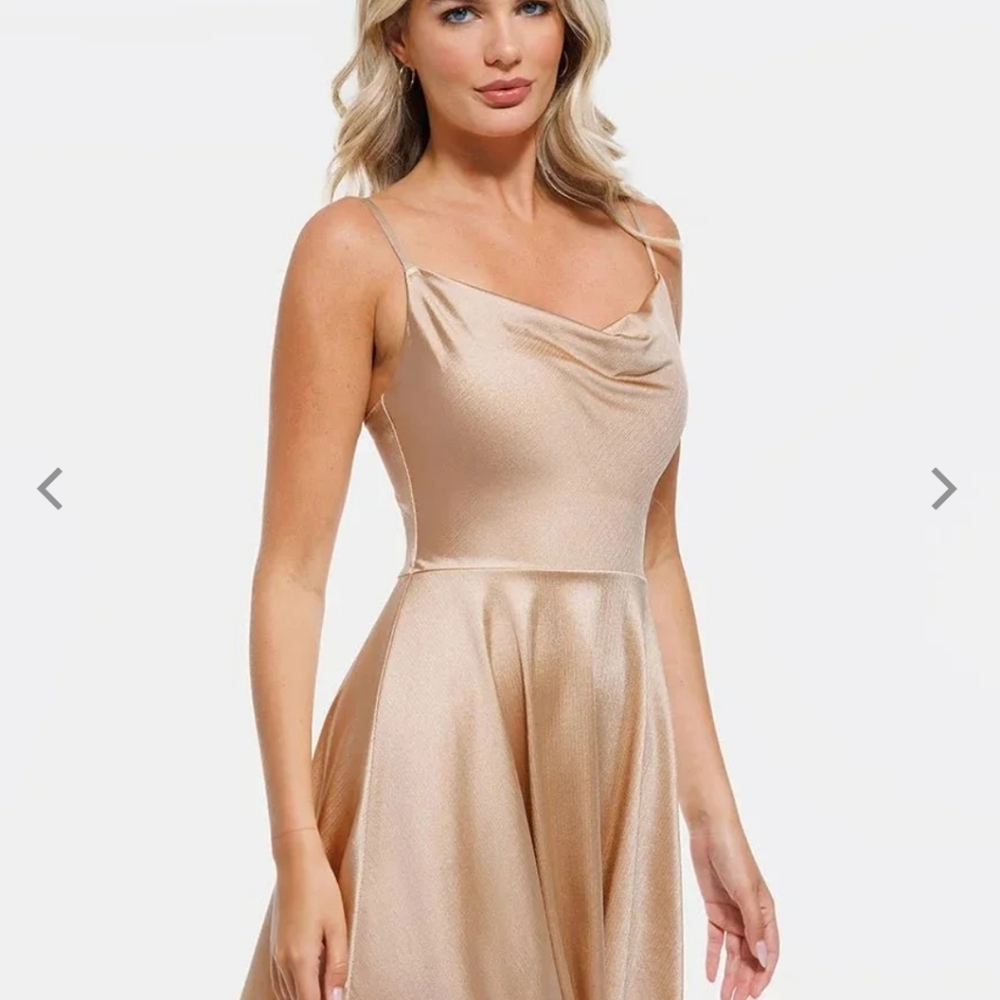 🍉 NWT Popilush Elegant Gold Satin Dress Size Large - Picture 2 of 5